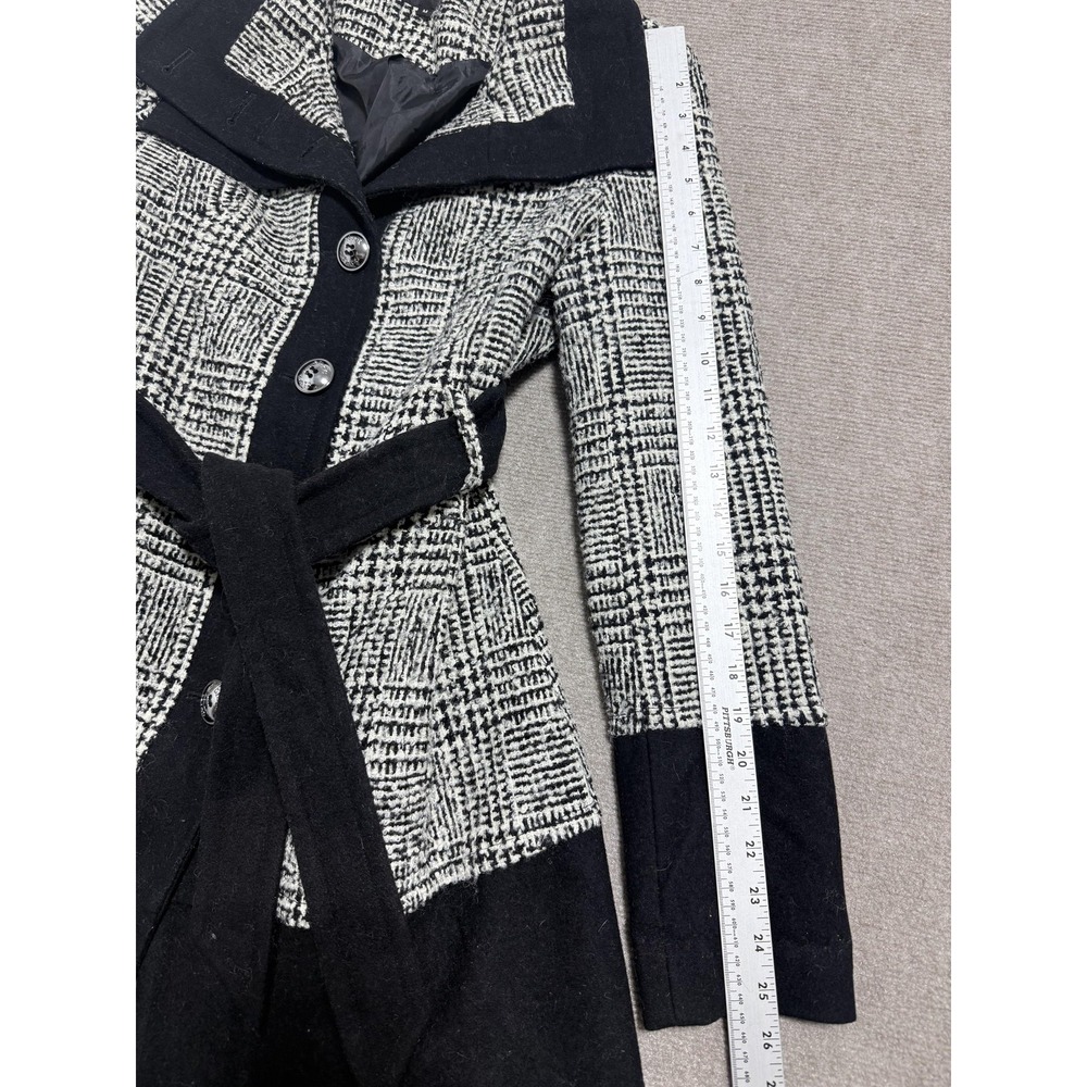 Black Rivet‎ Coat Womens Medium Black White Wool Blend Belted Peacoat Plaid - Picture 2 of 9